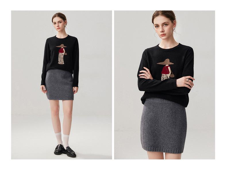 Women's Elegant Autumn 2026 Embroidered Cashmere Sweater - Round Neck, Loose Fit, Slimming and Warm Base Layer