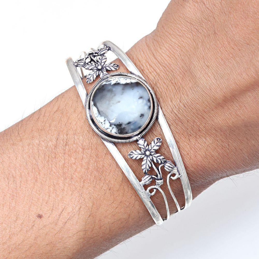 Dendritic Opal Gemstone Handmade Silver Jewelry Cuff Bracelets 7''Adjustable