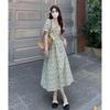 Women's French Square Neck Floral Dress Summer New Waist Thin Small Fresh A Word Coffee Break Dress