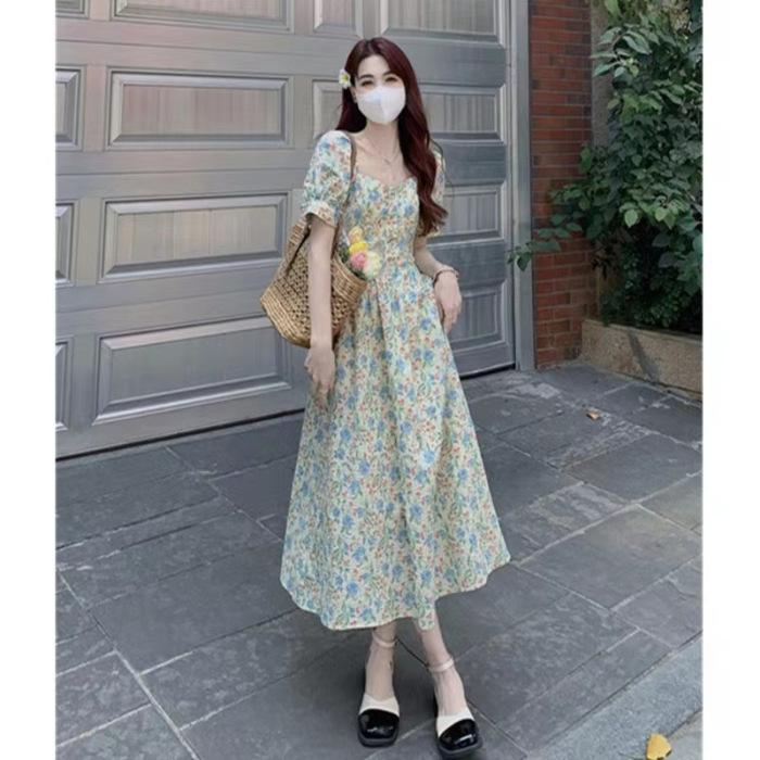 Women's French Square Neck Floral Dress Summer New Waist Thin Small Fresh A Word Coffee Break Dress