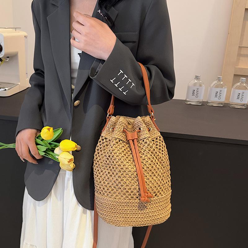 Yazlık Hasır Omuz Çantaları İpli Kadın El Dokuması Kova Çanta Rafya Örgü El Çantaları Günlük Tote Bayan Plaj Çapraz Askılı Çanta