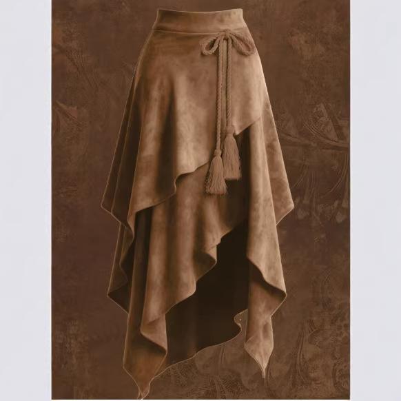 Women's Western Style Suede Asymmetric High Waist Midi Skirt with Tie Waist