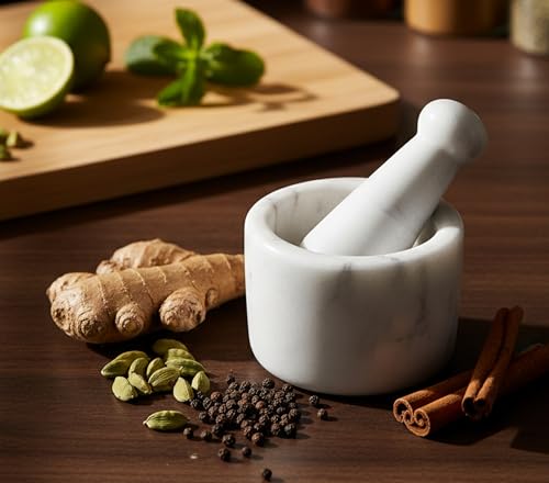 KLEO 2.5" Diameter White Marble Stone Mortar and Pestle Set Spice, Medicine Pill Crusher Masher - Small Size