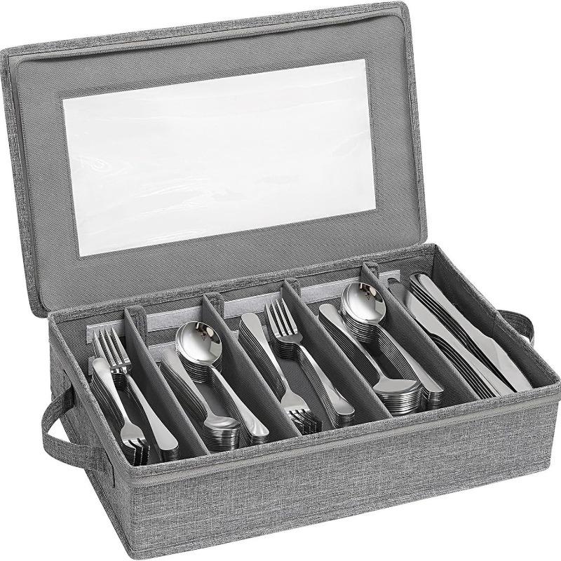 5 Compartment Flatware Organizer with Zipper Lid Cutlery Storage Box for Spoon Fork Knives Tableware Silverware Organizer