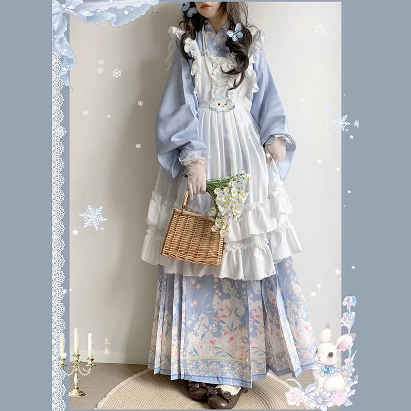 

Костюм из трех предметов в китайском стиле династии Мин, смешанный стиль Лолита, с рукавами-пагодами и юбкой «лошадиное лицо» для женщин L синий