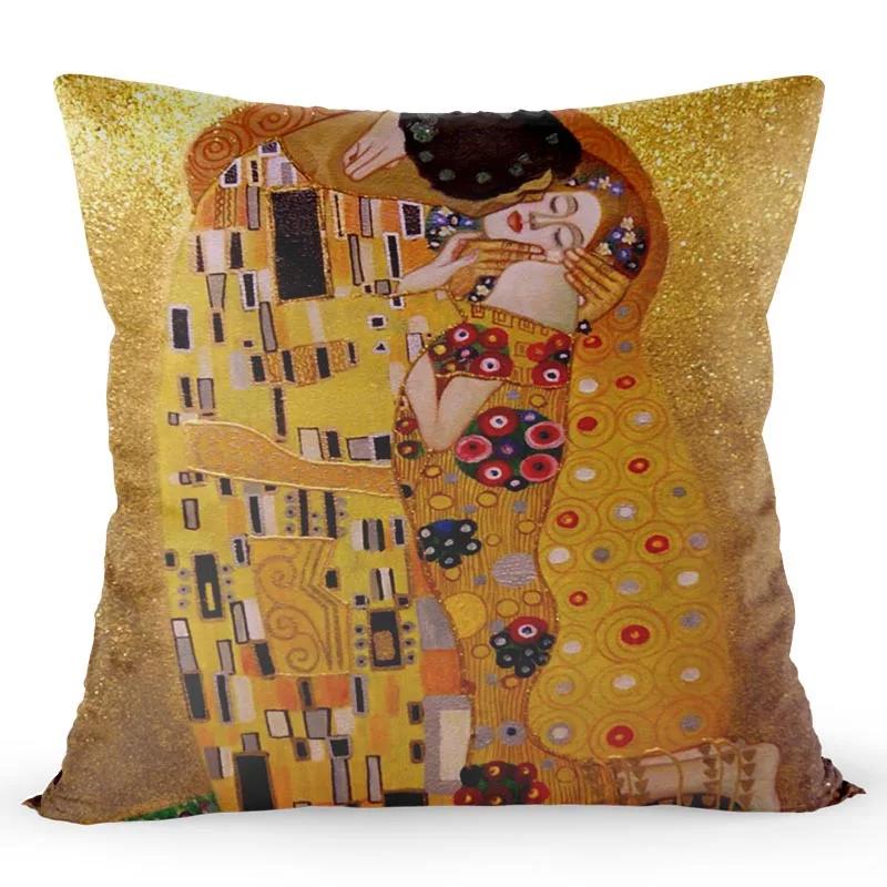 Gustav Klimt Gemälde Kissenbezug Gold Muster Druck Kissenhülle Satin 40*40 CM Zierkissenbezug Dekorativ für Zuhause