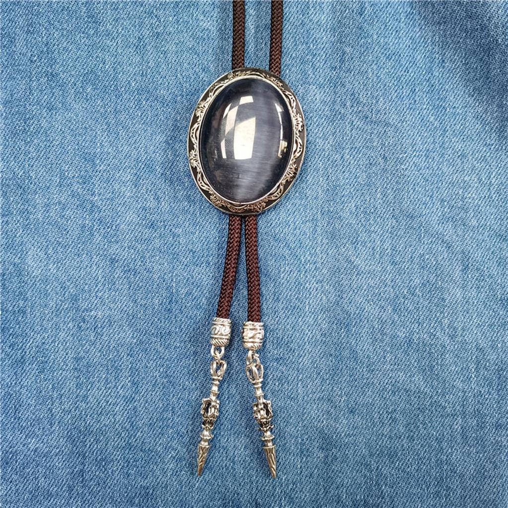 Western Vintage Braided Rope Bolo Tie with Oval Shape Stone Pendant Adjustable Cord Necktie Jewelry Necklace for Men