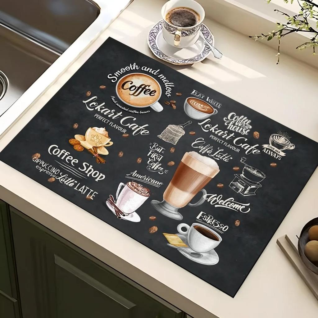 Classic Coffee Design Dish Drying Mat Soft Rubber Non Slip Absorbent Polyester Stain Resistant for Kitchen Coffee Bar Countertop
