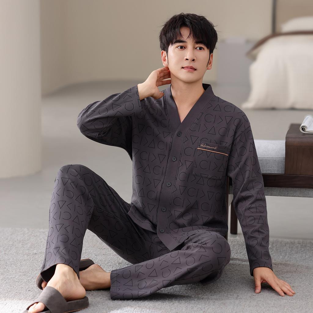 Pajamas Men'S Pure Cotton Spring And Autumn Long-Sleeved Trousers Cardigan Men'S Large-Size Casual Loungewear Set