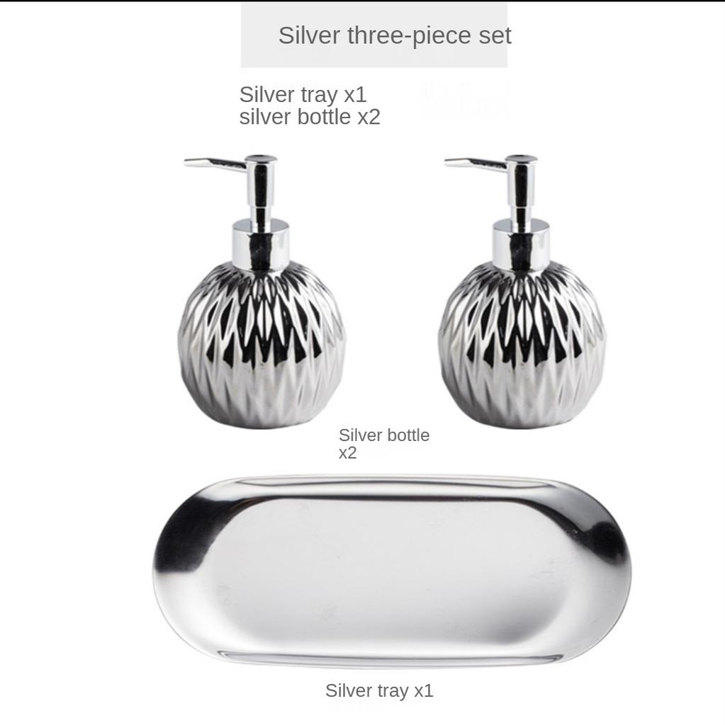 Distributeur de savon doré de luxe avec poignée à pression, distributeur en céramique, argent avec plateau en acier inoxydable, accessoire de salle de bains
