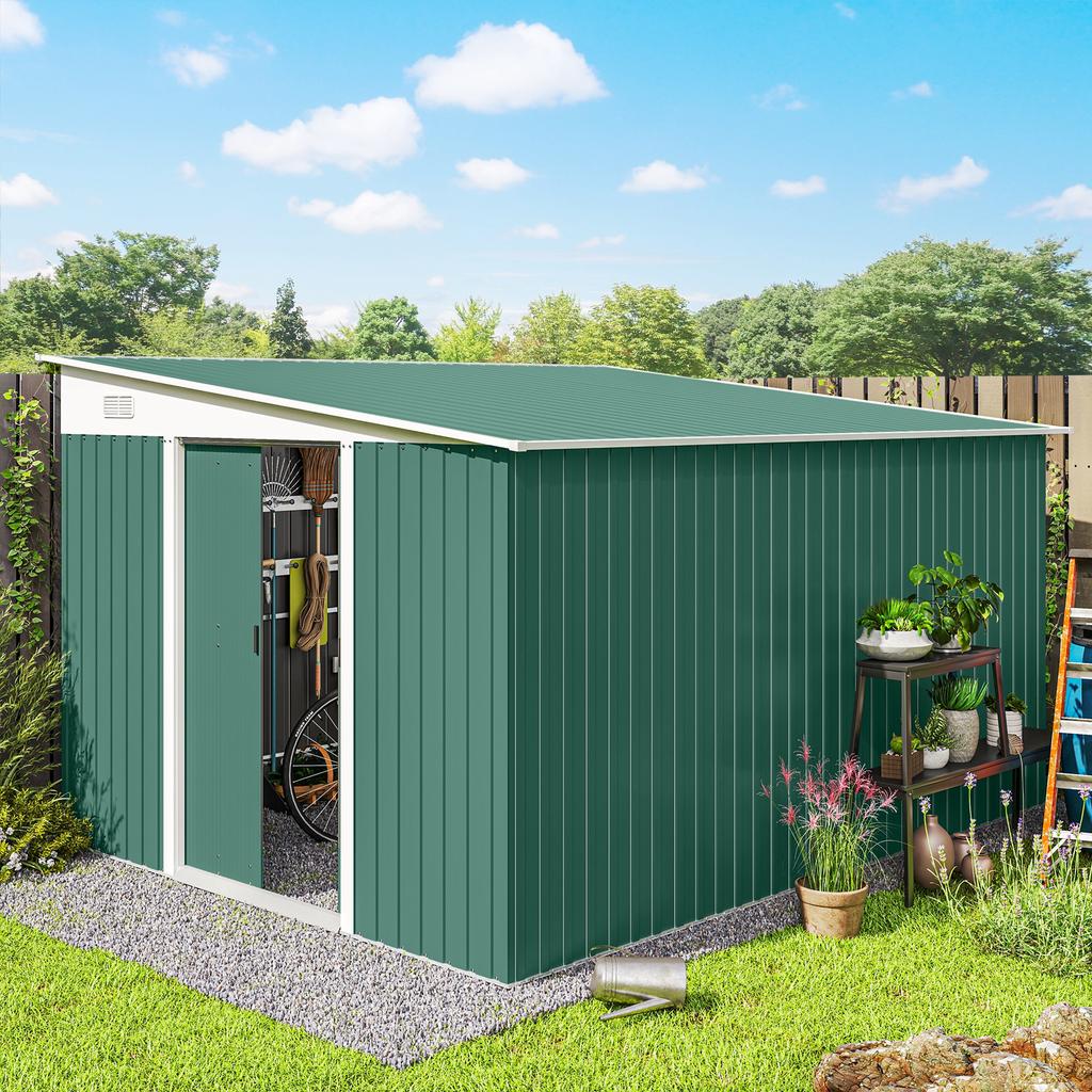 Garden Metal Storage Shed Outdoor Metal Tool House with Double Sliding Doors and 2 Air Vents, 11.3x9.2ft, Green