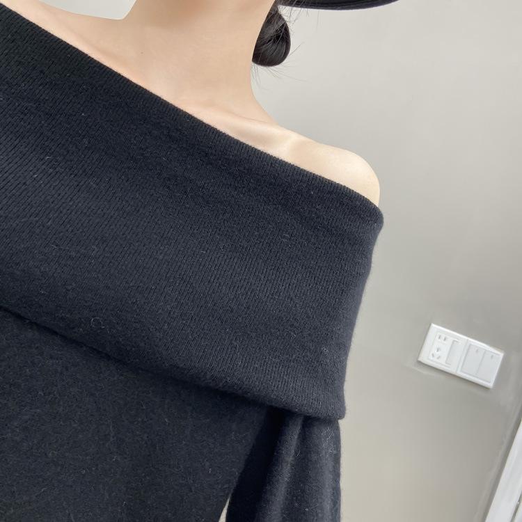 Women's Off-Shoulder Loose Cashmere Sweater - Autumn/Winter Knit Base Layer, Versatile Lazy Style Top