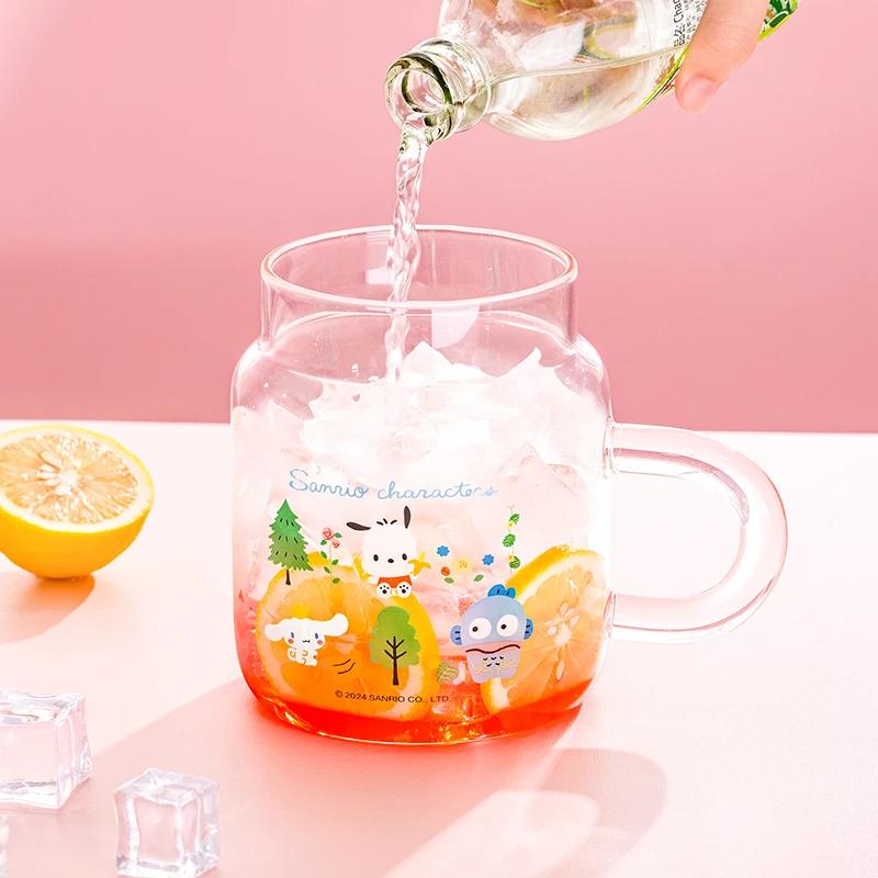 For Sanrio High Borosilicate Glass Straw Glass Cup Heat-resistant Water Mug with Handle Cartoon Pattern Cold&Hot Drink Juice Cup