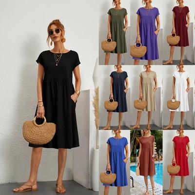 Summer Women's Cotton and Linen Short-sleeved Dress Solid Color Round Neck Casual Loose Swing Dress Seaside Holiday Beach Skirt