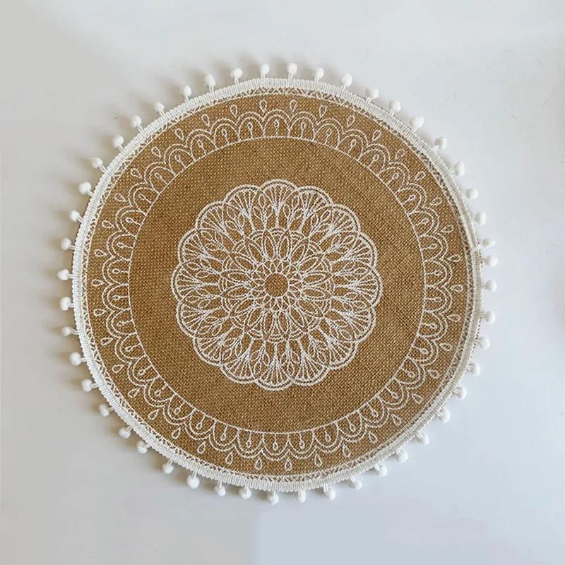 Boho Round Placemat 15 Inch,Farmhouse Woven Jute Fringe TableMats with Pompom Tassel Place Mat for Dining Room INS Table Decors