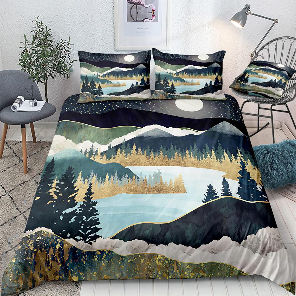 Nature River Bedding Set Starry Sky Duvet Cover Set Mountain River Forest Moon Printed Design Natural Landscape Comforter Cover