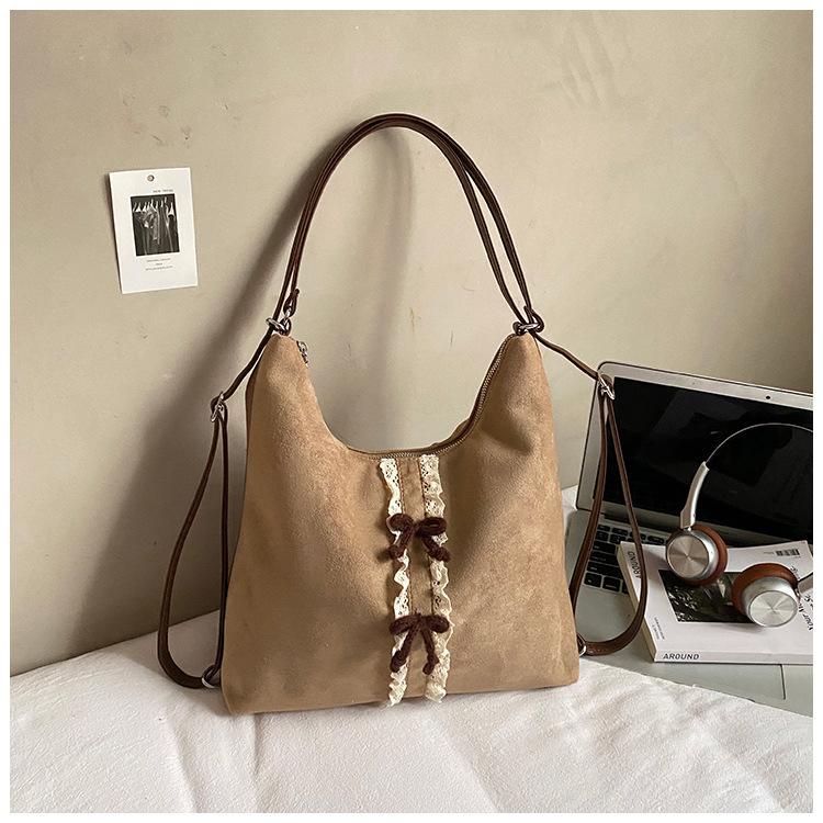 

Vintage backpack, underarm bag, women s 2025 autumn new suede bucket bag, casual shoulder messenger bag хаки