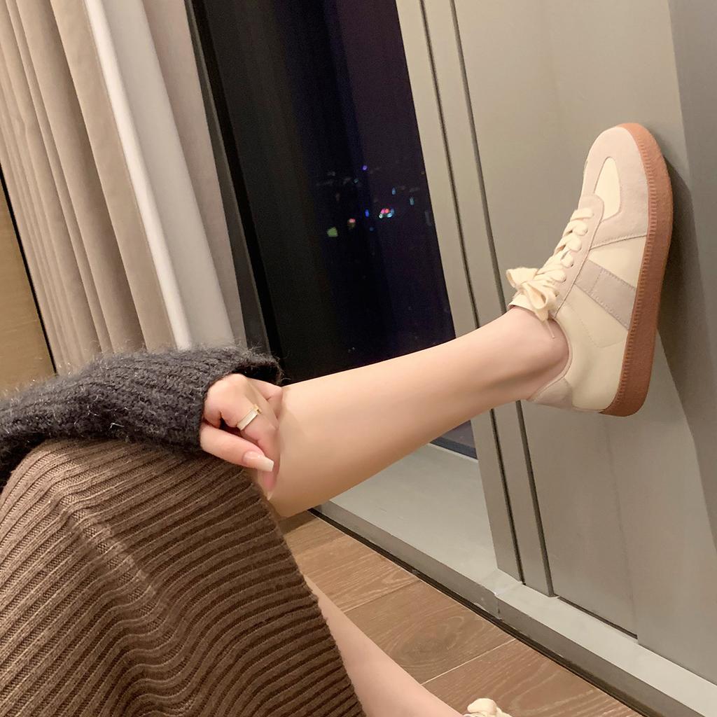 Spot cowhide version~ Grape mother same leather German training shoes color matching casual lace-up platform white shoes women's board shoes