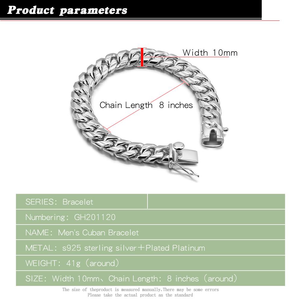 Genuine 925 Silver Link Chain Bracelet For Man 10mm 20cm Bangle