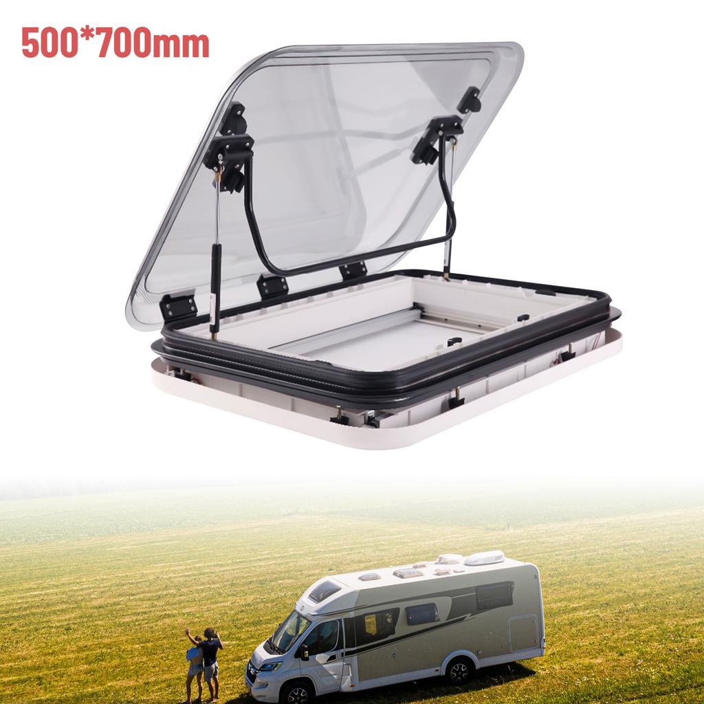 700x500mm RV Roof Vent With LED Light, 70° Opening, White - Skylight Parts with Insect Screen & Sunshade for Campers & Trailers
