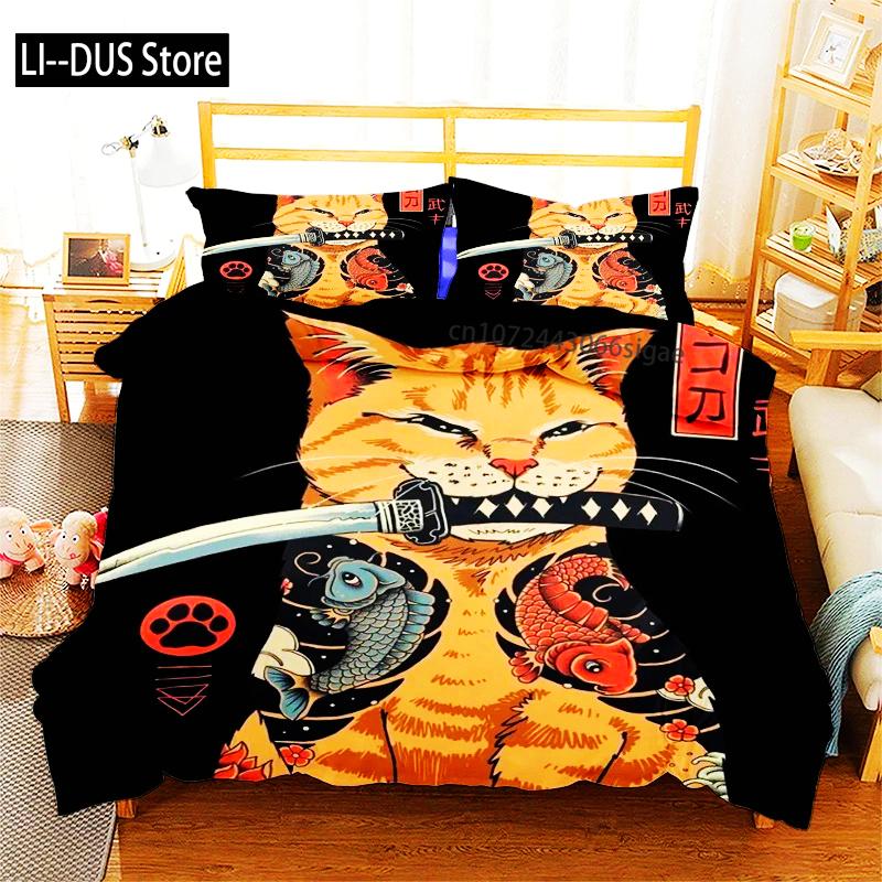 Phechion Samuray Kedi Dövmesi 3D Baskı Yatak Takımı Yorgan Kılıfları Yastık Kılıfları Tek Parça Yorgan Yatak Takımları Yatak Örtüsü Yatak K580