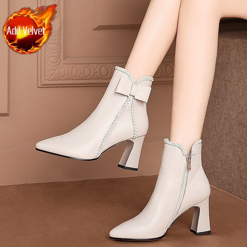 

Теплые ботильоны с острым носком, водонепроницаемые кожаные ботильоны до щиколотки для женщин, осенне-зимние, на каблуке, женские короткие туфли, дизайнерские, роскошные, из ПУ 40