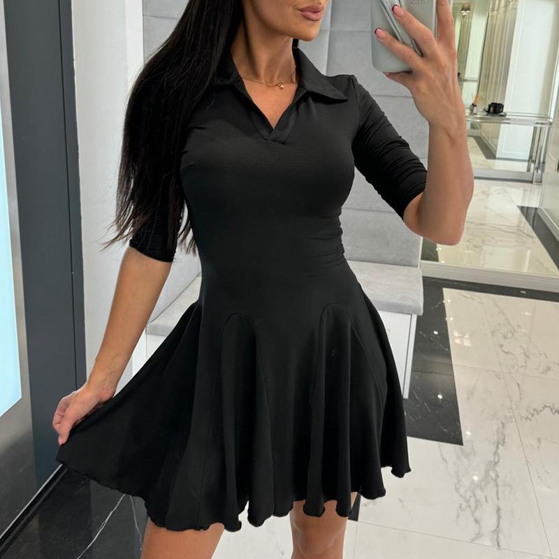 שמלת חולצה מיני אלגנטית לנשים בצבע אחיד עם צווארון נפתח, שרוולים ארוכים וקפלים, מתאימה להכל, לסתיו ולחורף