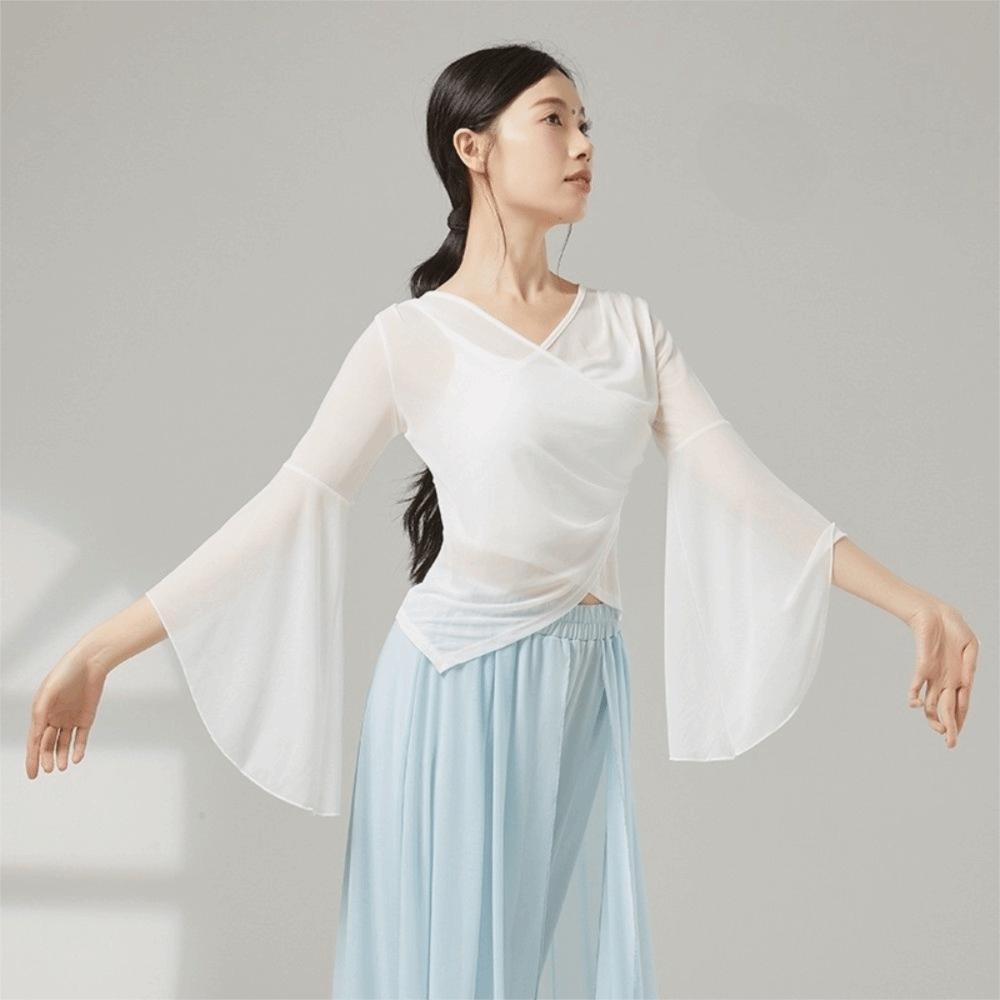 Elegant Chinese Folk Dancewear Sheer Mesh Mesh Top Breathable Classical Dance Top Women Dancewear