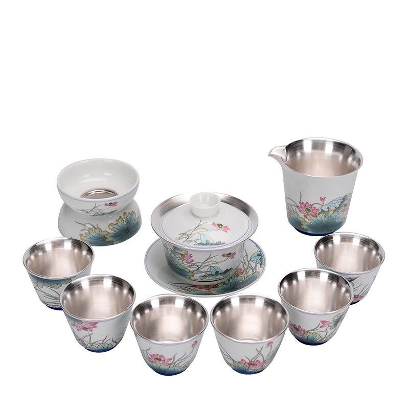 Chaxun Silver Kung Fu Tea Set with Lotus Design