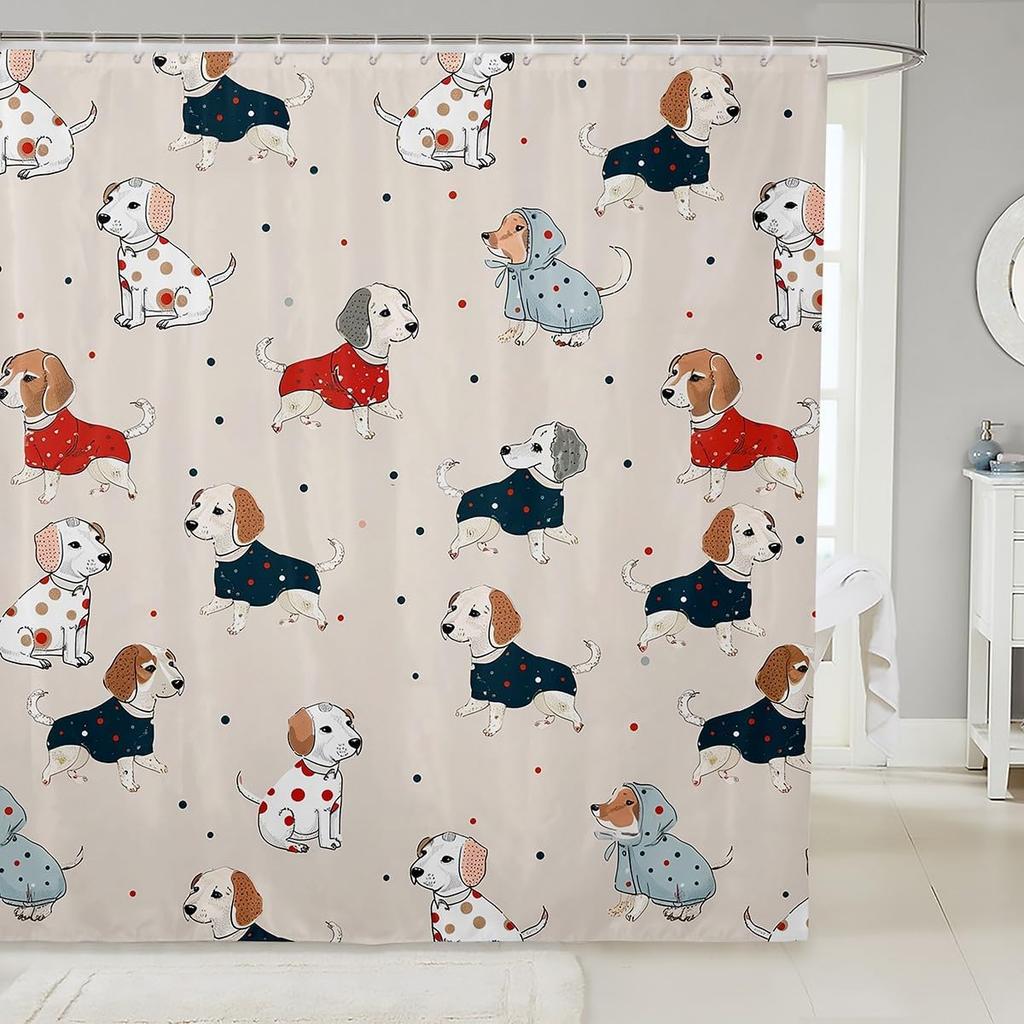 Cartoon Dogs Shower Curtain Set,Polka Dots Printed Shower Curtain Set,Girls Boys Adult Cute Pet Animals Waterproof Fabrics Pug