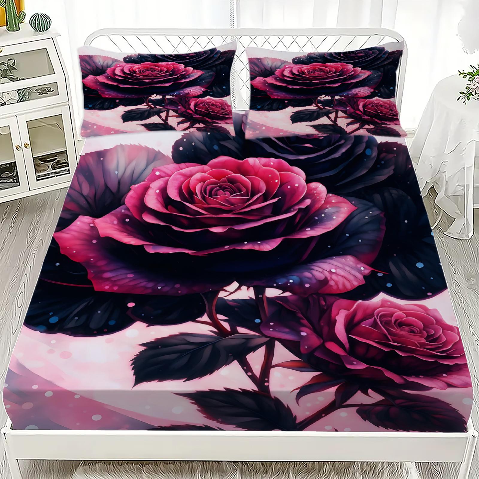 

Purple Fitted Sheet Set Romantic Rose 3D Printed 100% Polyester Microfiber Mattress Covers Cozy Bedding Set With 2 Pillowcases Twin99x190x25cm