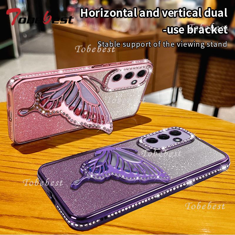 Diamantový třpytivý tekutý pouzdro s držákem ve tvaru motýla pro Samsung Galaxy A17 A16 A26 A36 A56 A06 A15 A25 A35 A55 A14 A24 A34 A54 5G kryt
