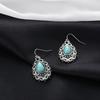 1 par de pendientes de gancho Retro para mujer, diseño grabado, pendientes colgantes bohemios de imitación turquesa, pendientes de estilo étnico Vintage, regalo de joyería