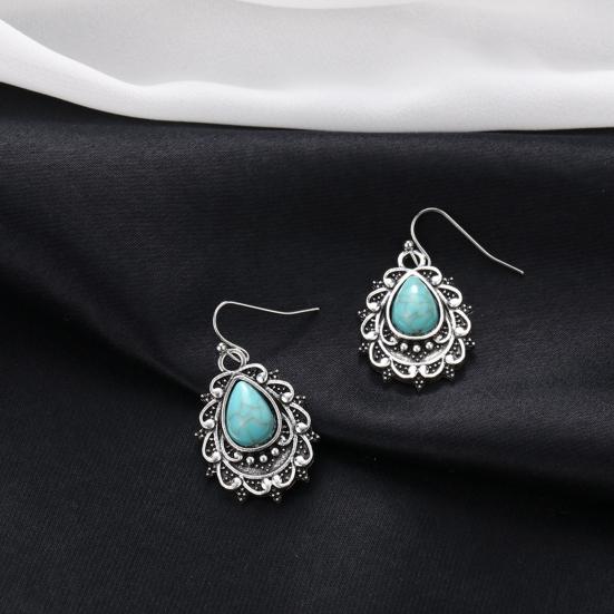 Yousheng 1 Pair Women Retro Hook Earrings Engraved Design Boho Faux Turquoise Dangle Earrings Vintage Ethnic Style Earrings Jewelry Gift