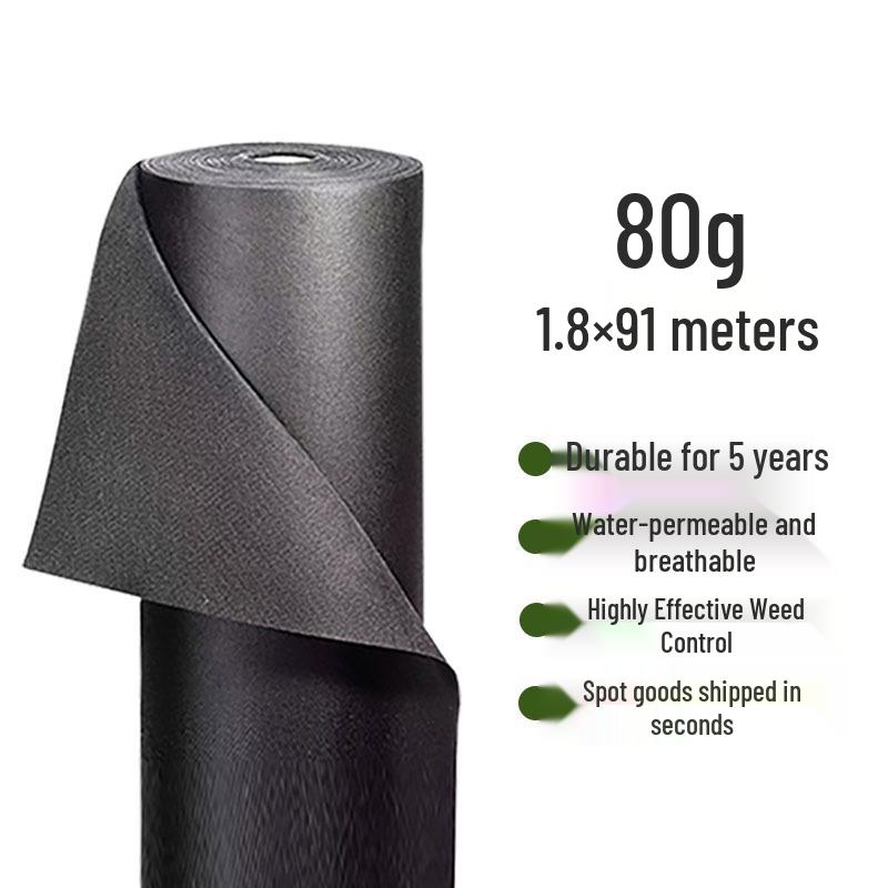 80g Black Non-woven Fabric Weed Control Roll, 1.8×91m, Water Permeable & UV Resistant.