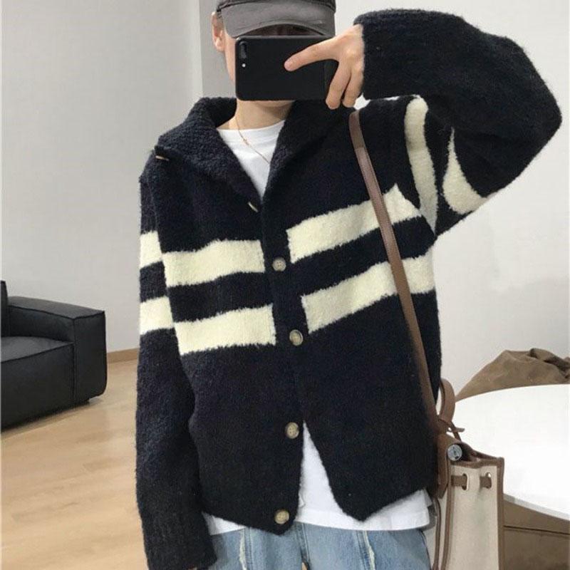 Französisch Vintage High Neck Gestreiften Pullover Mantel Strickjacke Frauen 2023 Herbst/Winter Neue Lose stricken Pullover Strickjacke Weibliche Top