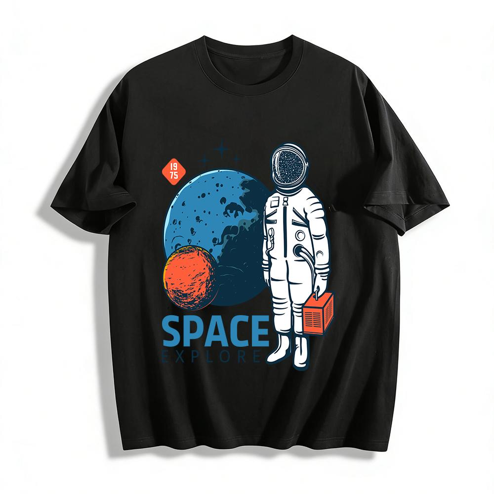 Vintage Space Explore Print Tee Astronaut Planet Graphic Casual Short Sleeve Pure cotton T-shirt XXS