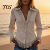 Slim Fit Fringe Blouse Women Tassel Shirt for Autumn, Button Down Everyday Wear Blouse, Solid Color Casual Long Sleeve Top, Western Cowgirl