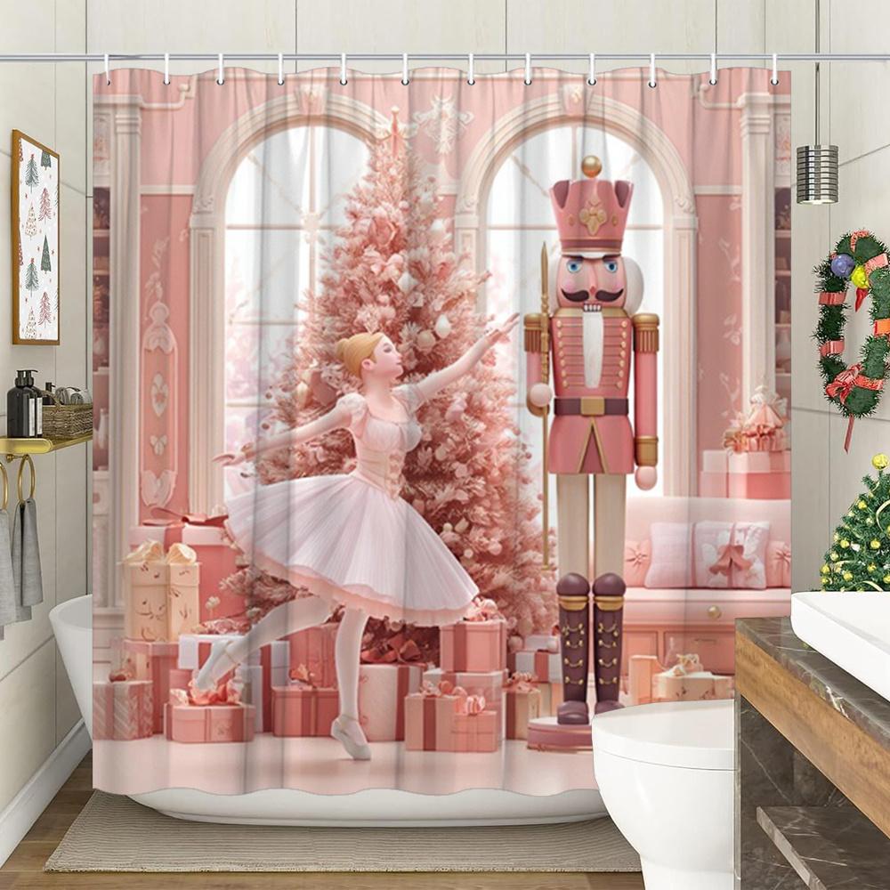 Christmas Ballet Shower Curtain Nutcracker And Tree Print Polyester Bath Curtain With Hooks For Holiday Decor