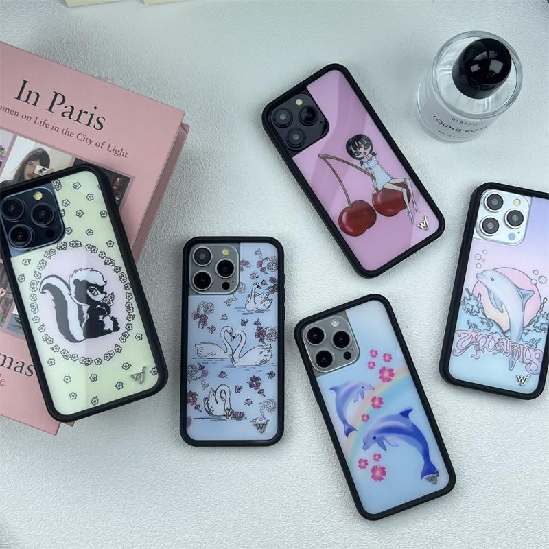 Wildflower ins cute animal phone case for iPhone16promax 15 Pro Max 16 14plus 13 12 17 cartoon Cherry Dolphin swan print bottom