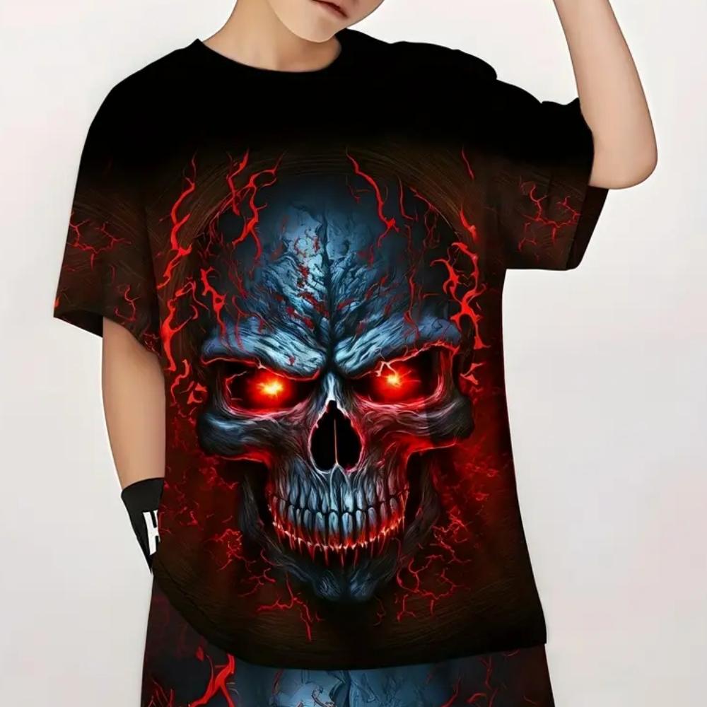 

Одежда для мальчиков Футболки с принтом ужасов и черепов, детская одежда для отдыха на свежем воздухе, летние повседневные футболки с короткими рукавами для детей 160