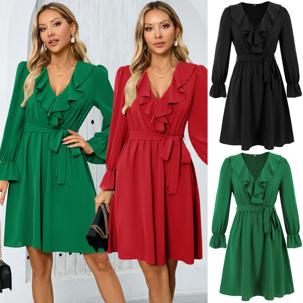 

Женское модное повседневное элегантное вечернее офисное мини-платье с длинными рукавами и V-образным вырезом с оборками