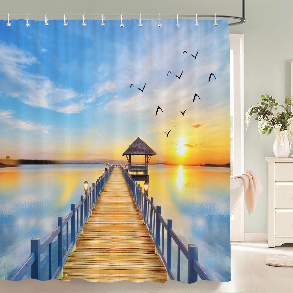 Sonnenlicht Ozean Strand Stoff Duschvorhang Badezimmer Vorhänge Sonnenuntergang Dämmerung Meer Große Größe 300x180cm Duschwand Mit 12 Haken