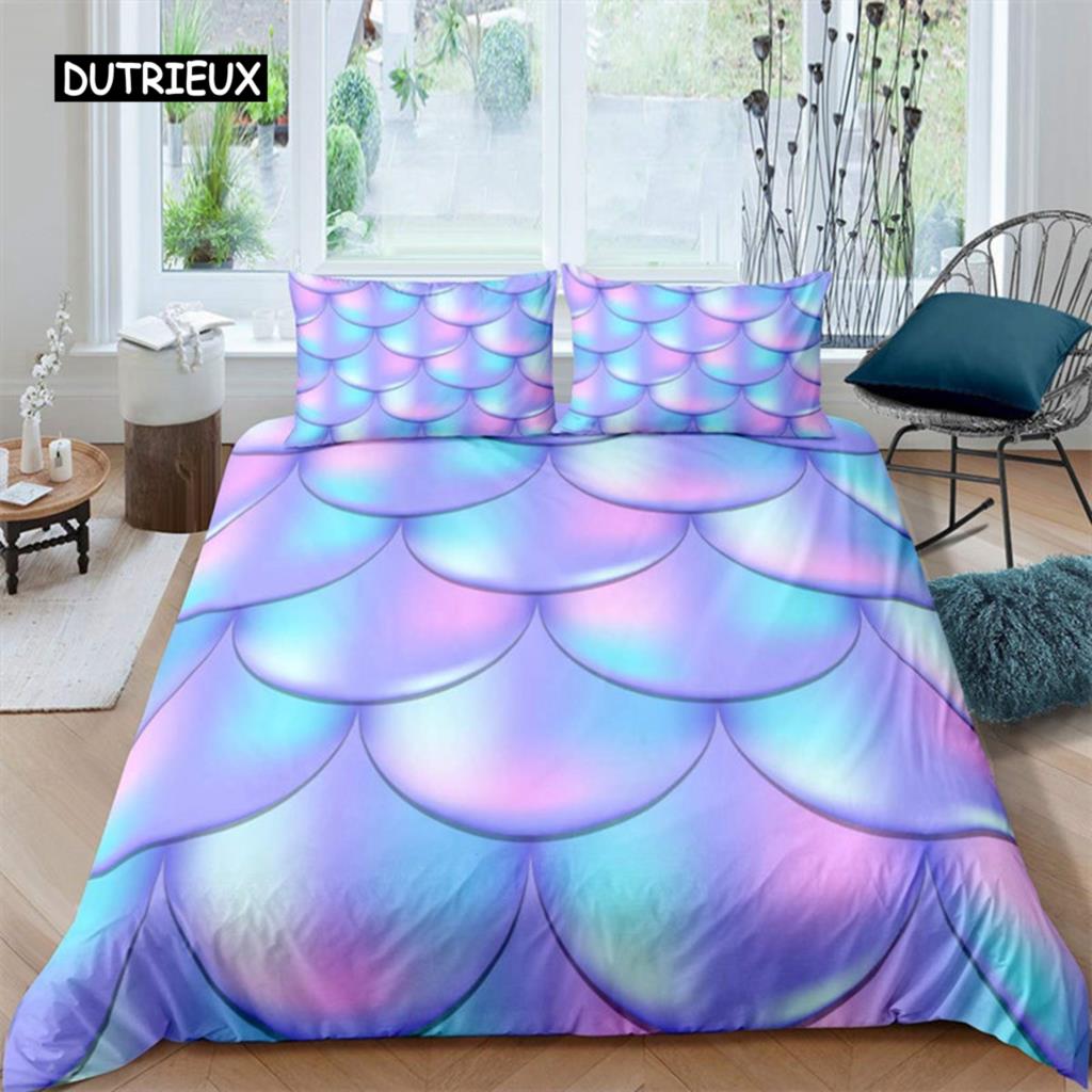 Färgglatt påslakan med sjöjungfruskal, tryck med fiskfjäll, sängklädesset King Full för barn pojkar flickor, havstema, täcköverdrag