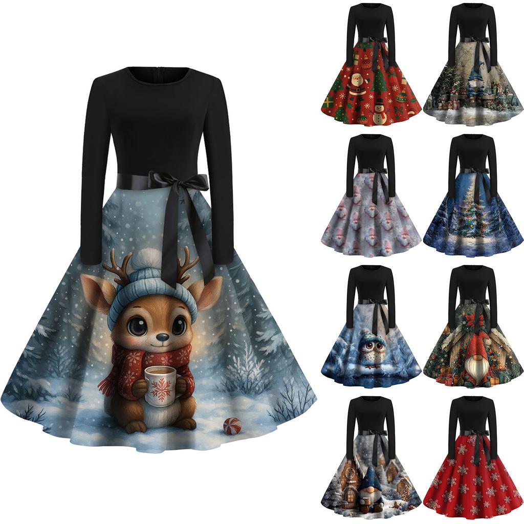 Women's Fashion Round Casual Slim Fit Christmas Print Large Swing Long Sleeve Dress