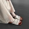 Sheepskin version~ Summer new Korean version pleated design one-word broadband slippers women's slope heel open-toed light-mouth cool slippers~