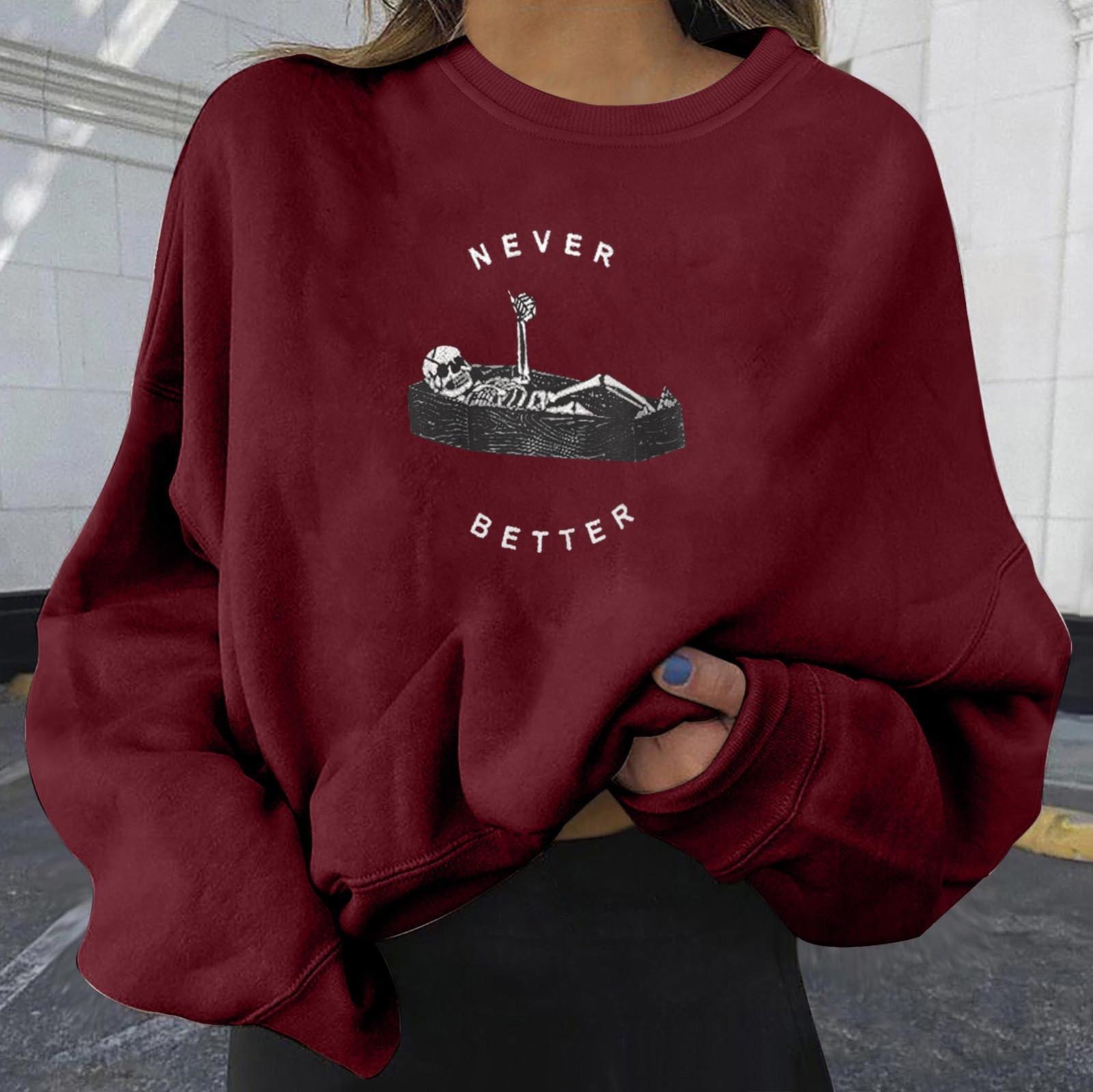 

Женская повседневная свободная толстовка большого размера с круглым вырезом и длинным рукавом с принтом Хэллоуина XL винный