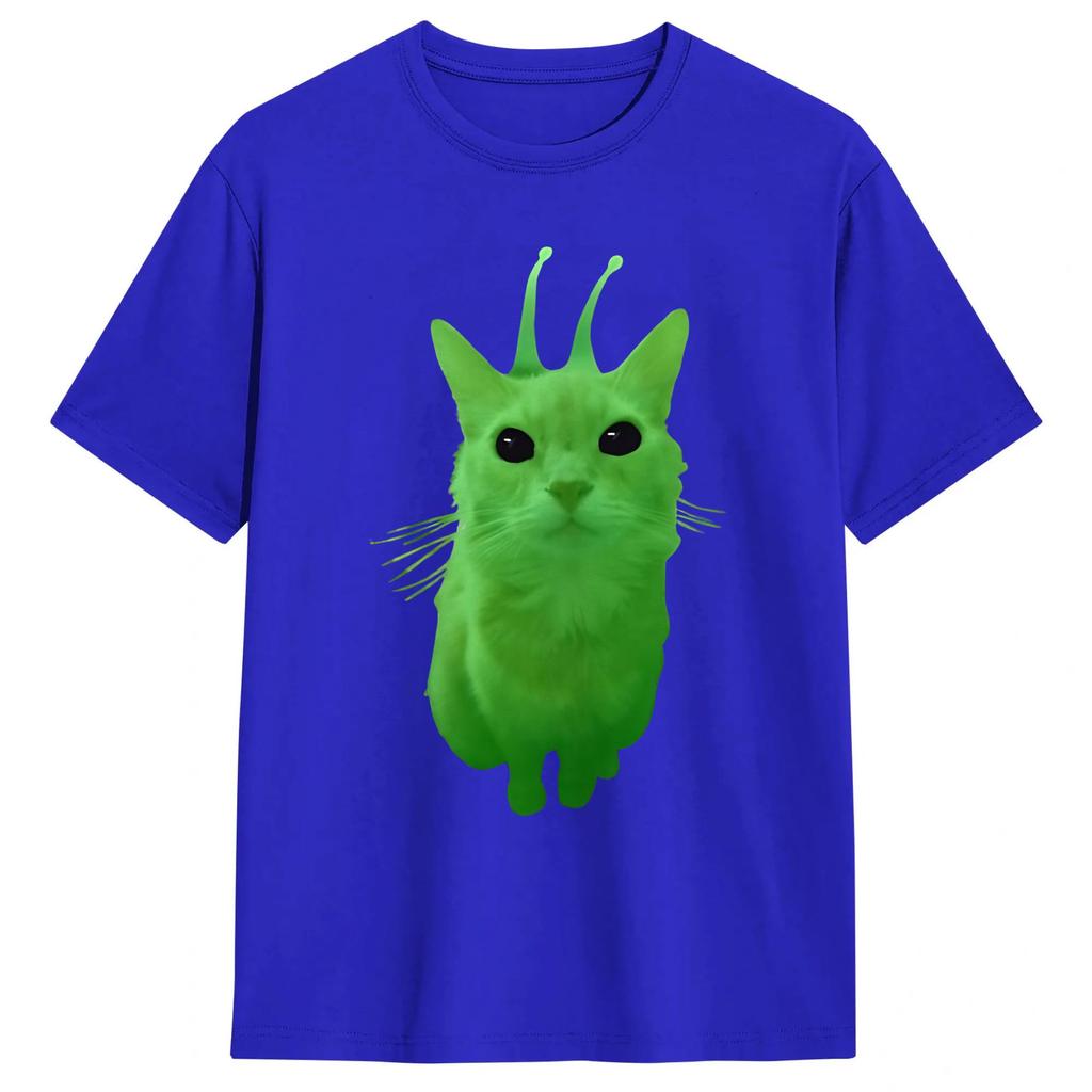 Green Alien Cat Meme Unisex T Shirts Funny Tee Shirt Short Sleeve Round Neck TShirt Pure Cotton 4XL 5XL Clothes