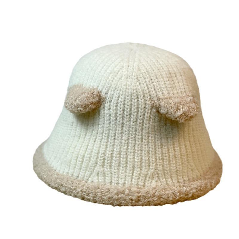 Cute Bear Ears Plush Fisherman Hat for Women New Spring and Autumn Versatile Face Showing Small Knitted Bucket Hat Winter