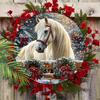 Warm Winter Wooden Christmas Sign with White Horse Pattern, Christmas Round Sign for Front Door Wall Hanging Decor, Ideal Christmas Gift